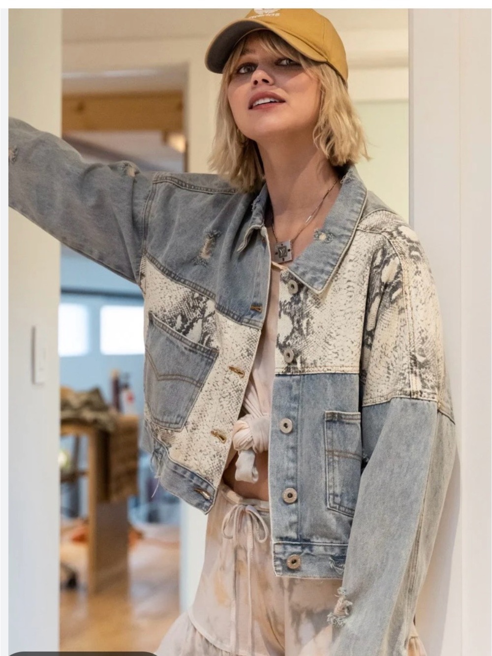 POL Two-Tone Washed Denim Jacket with Snake-Print Panels - Blue, Cream